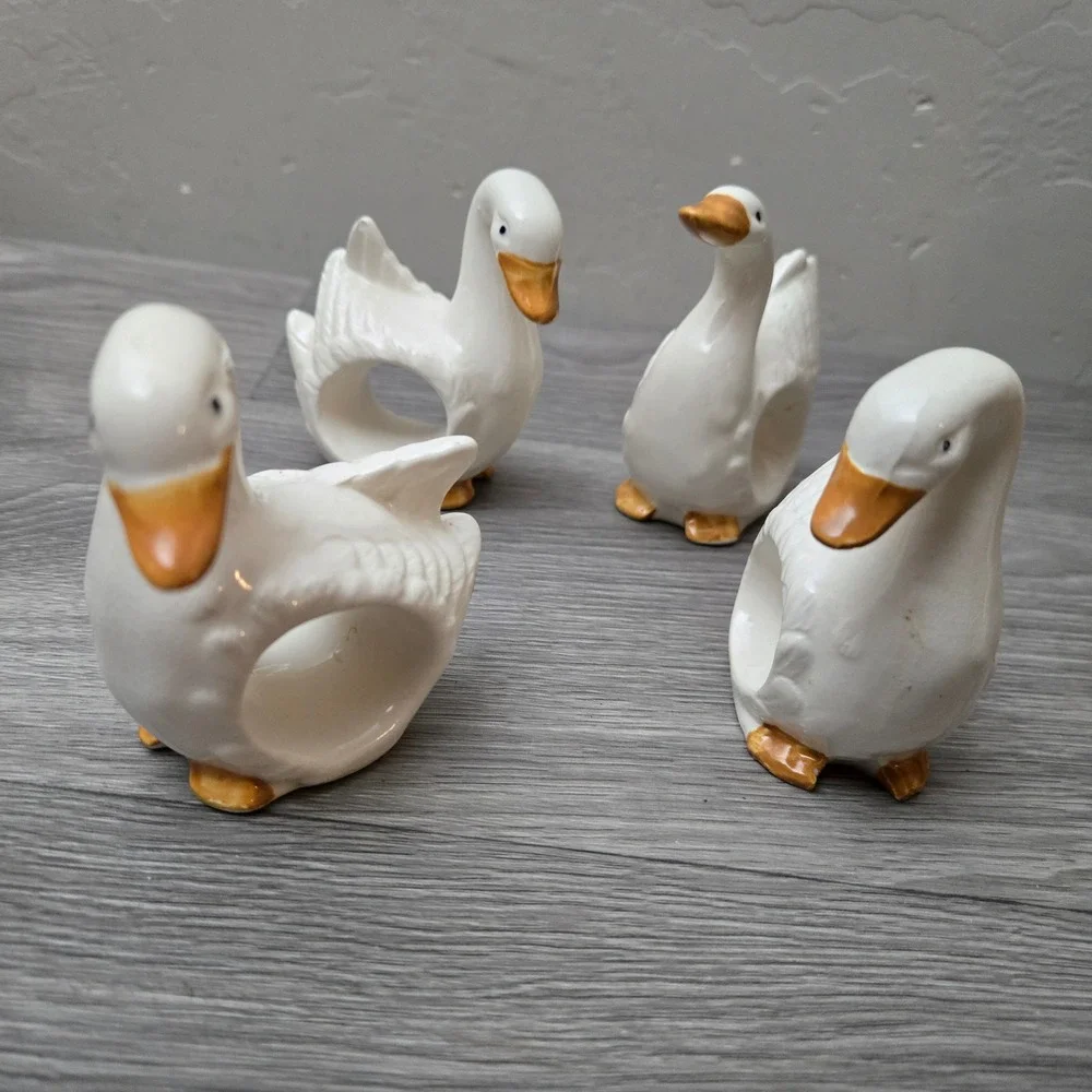 White Goose Napkin Rings Set 4 Vintage Ceramic Japan Cottagecore 80s